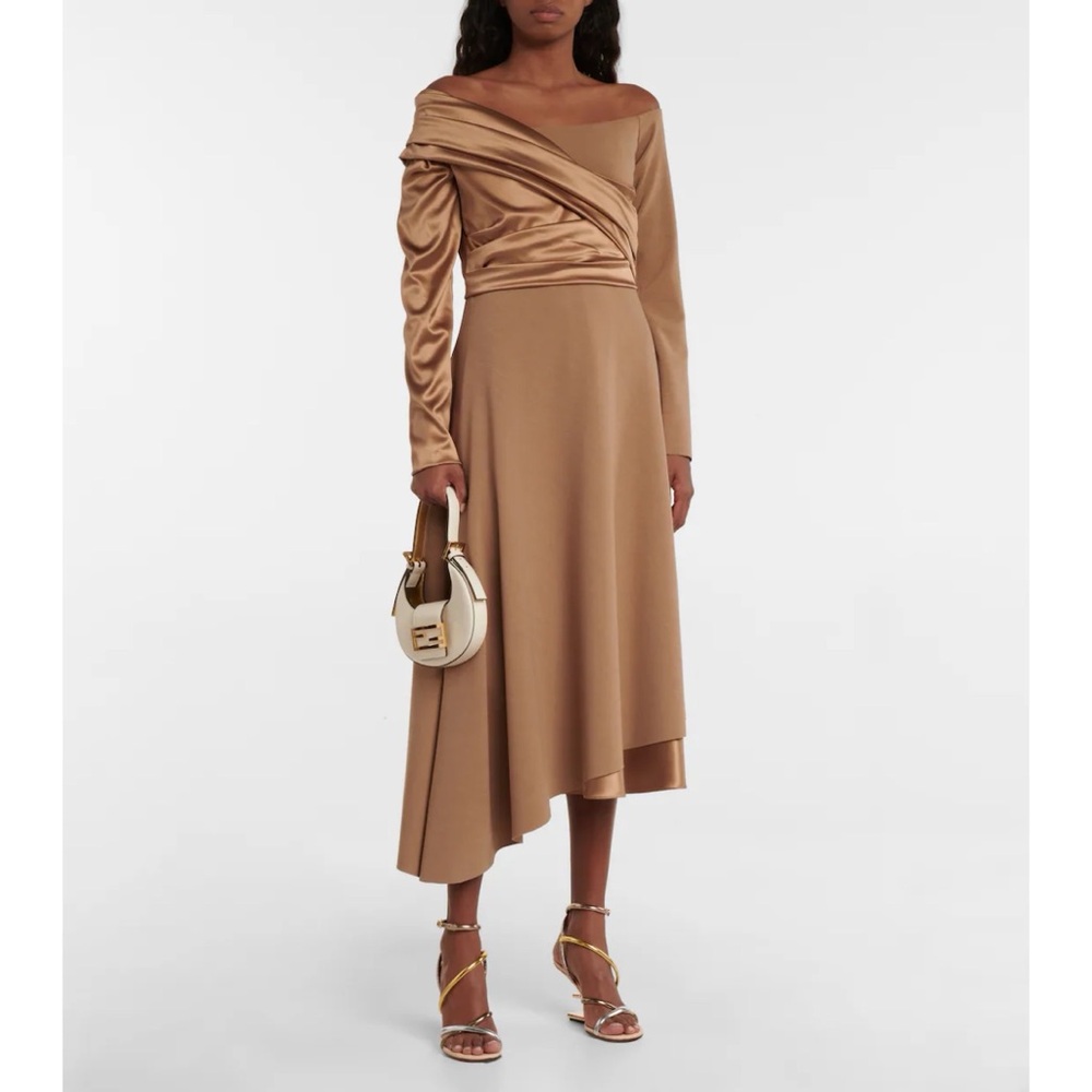 FENDI Satin-trimmed off-shoulder dress assymetric